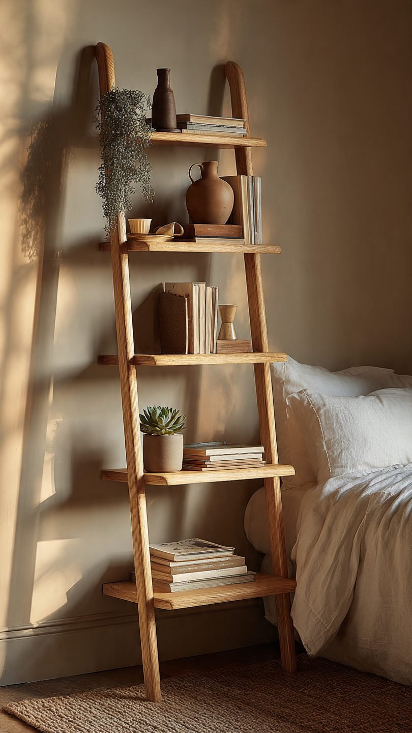 Minimalist ladder shelf styled with three curated items in a small cozy bedroom—maximizing vertical storage without visual clutter.