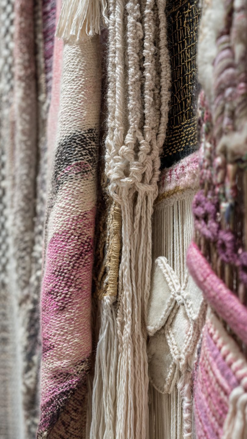 Mixed media gallery wall combining textiles and framed artistic pieces