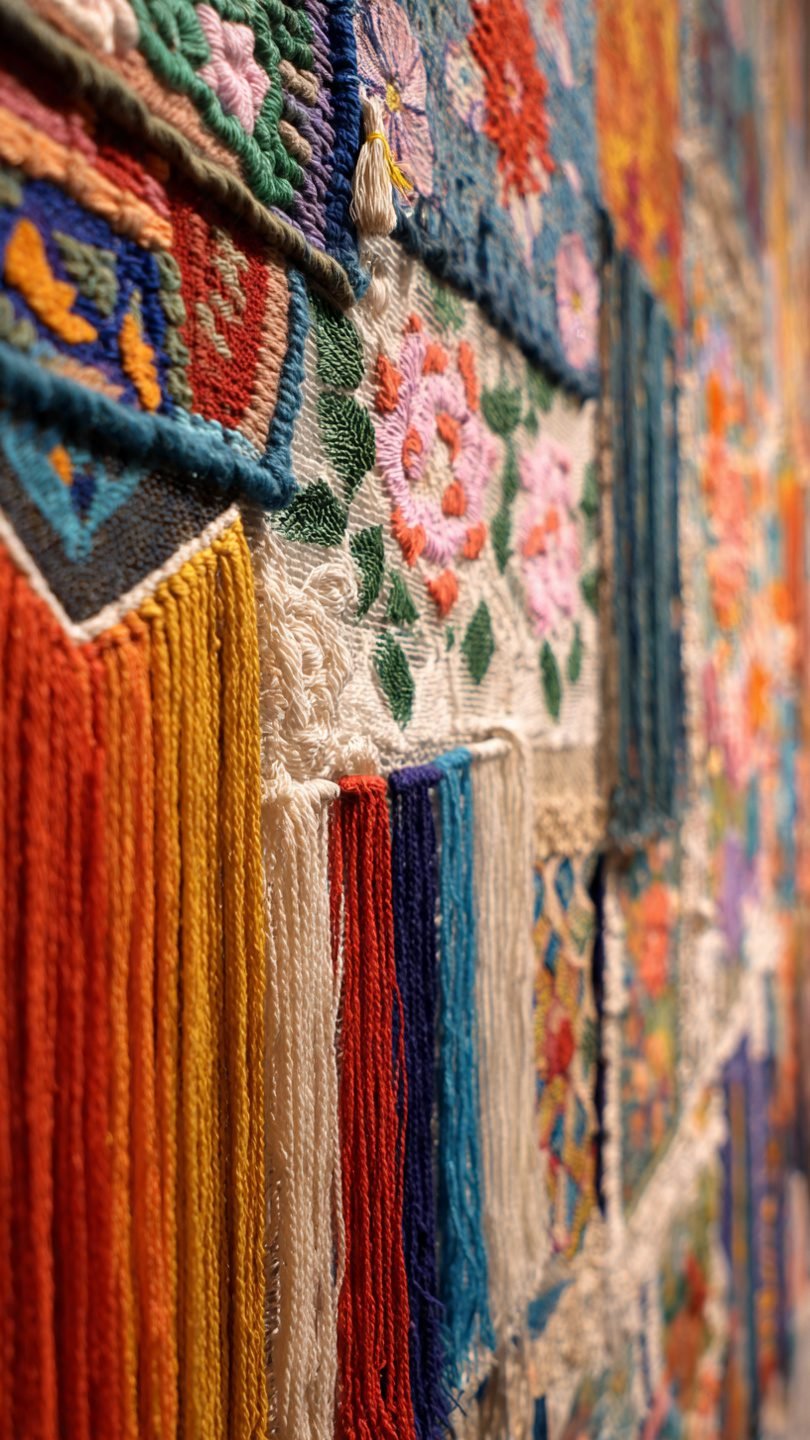 Mixed media gallery wall combining textiles and framed artistic pieces