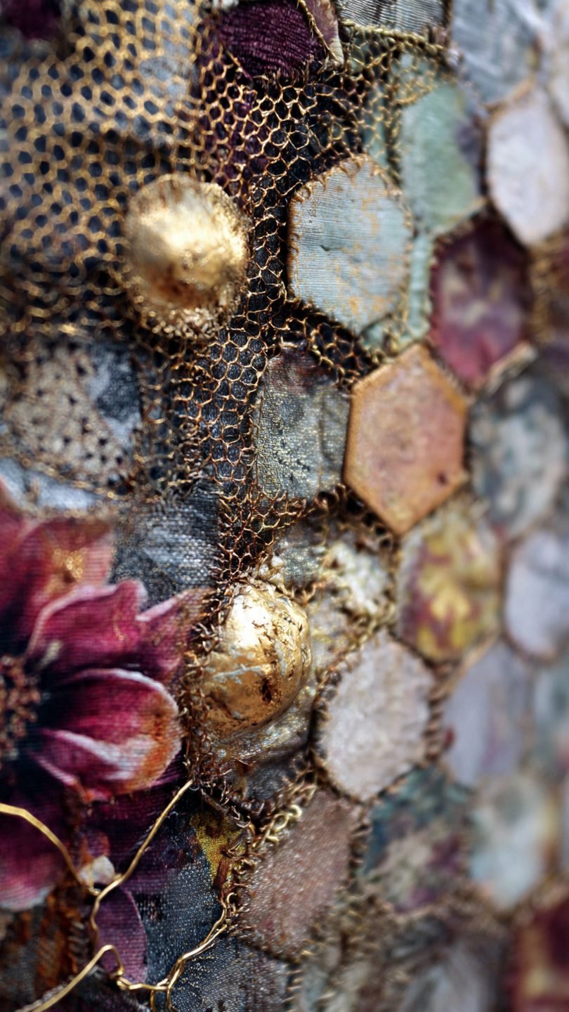 Mixed media textile collage with vintage and metallic elements