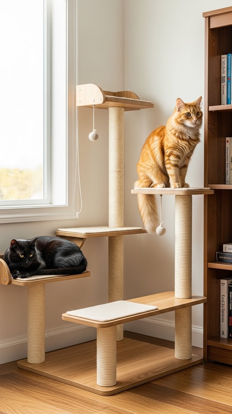 Modular cat climber in modern living room corner—space-efficient and engaging