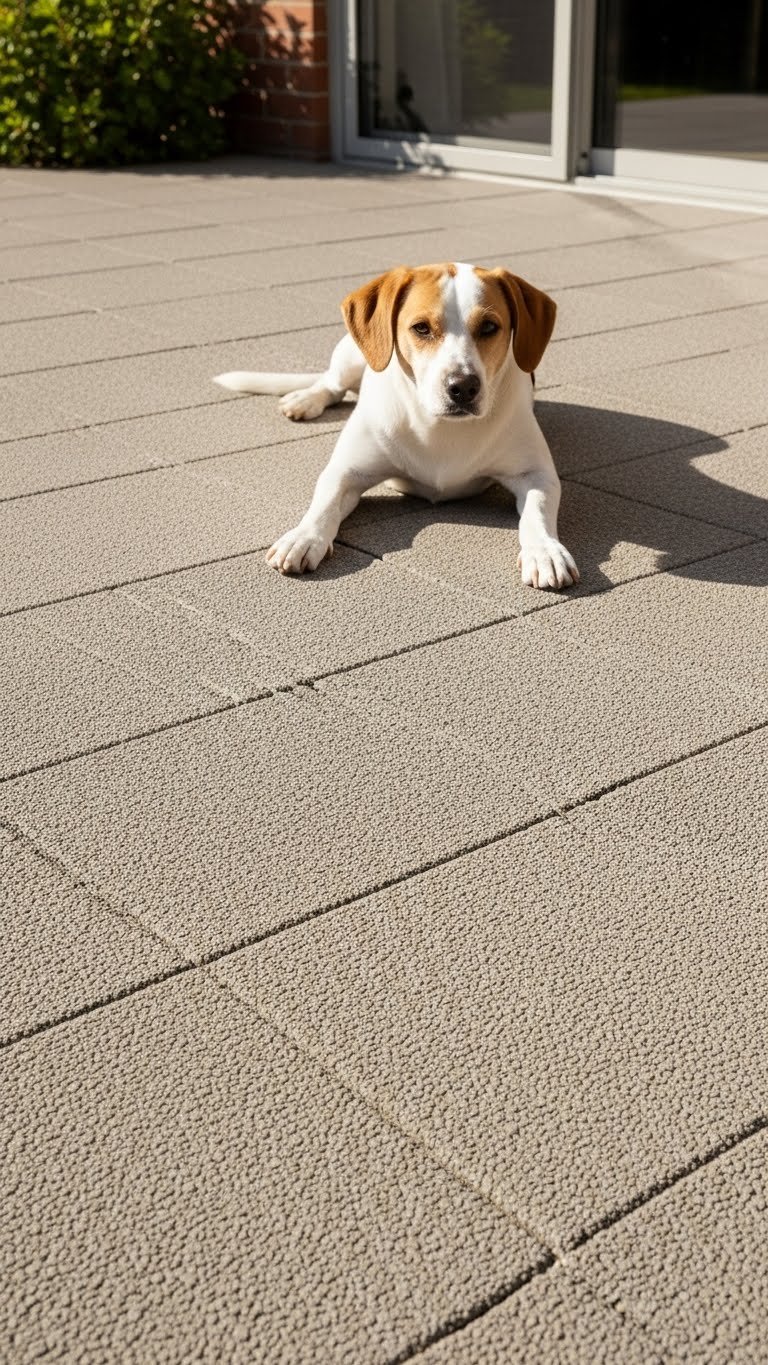 Modular interlocking rug tiles in small modern living room—renter-friendly, expandable, pet-safe