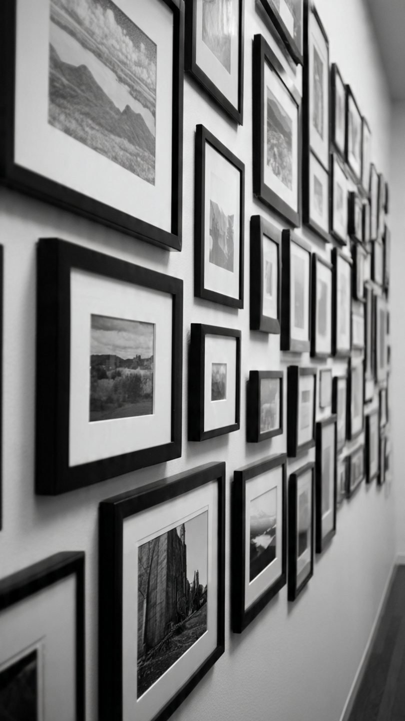 Monochromatic gallery wall with artistic black and white prints