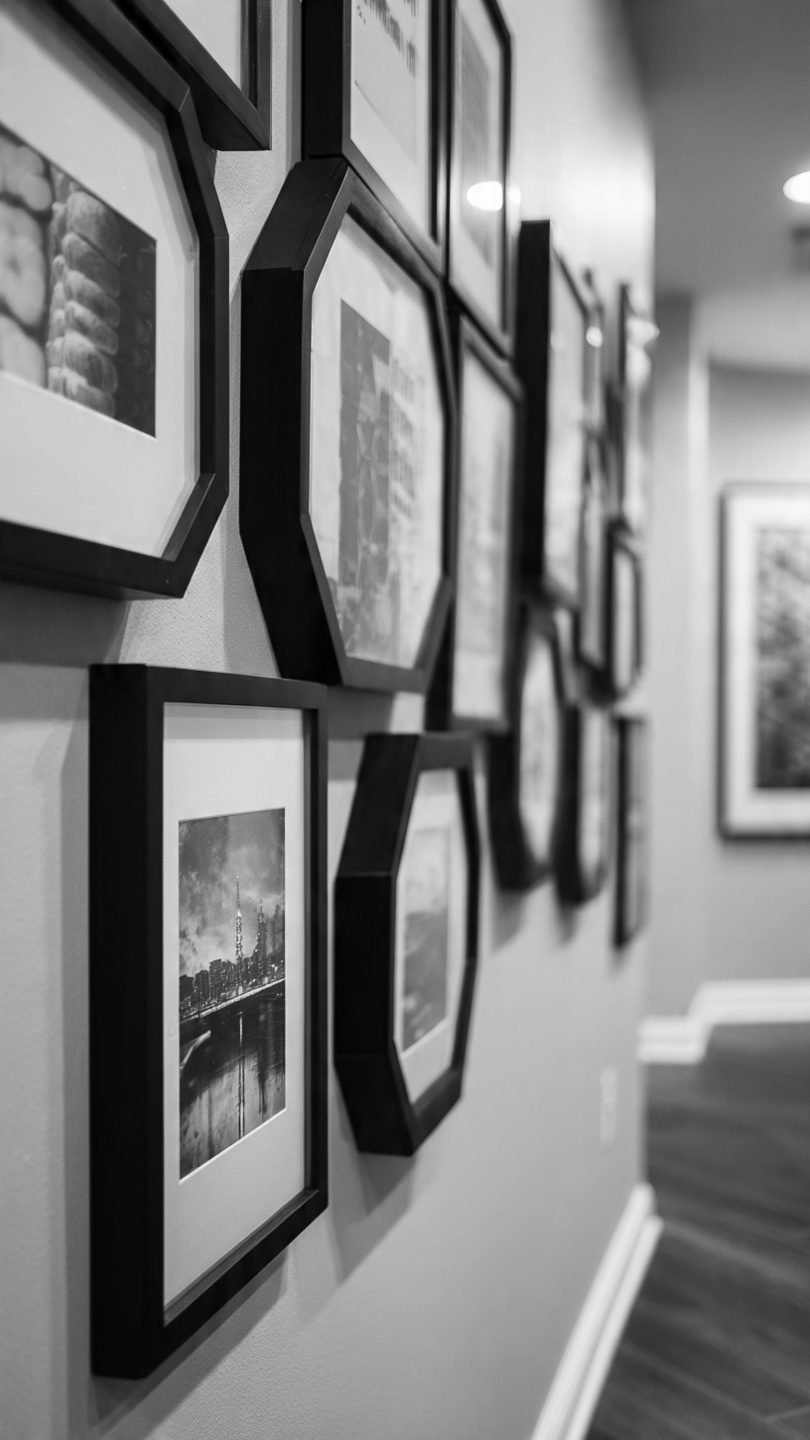 Monochromatic gallery wall with artistic black and white prints