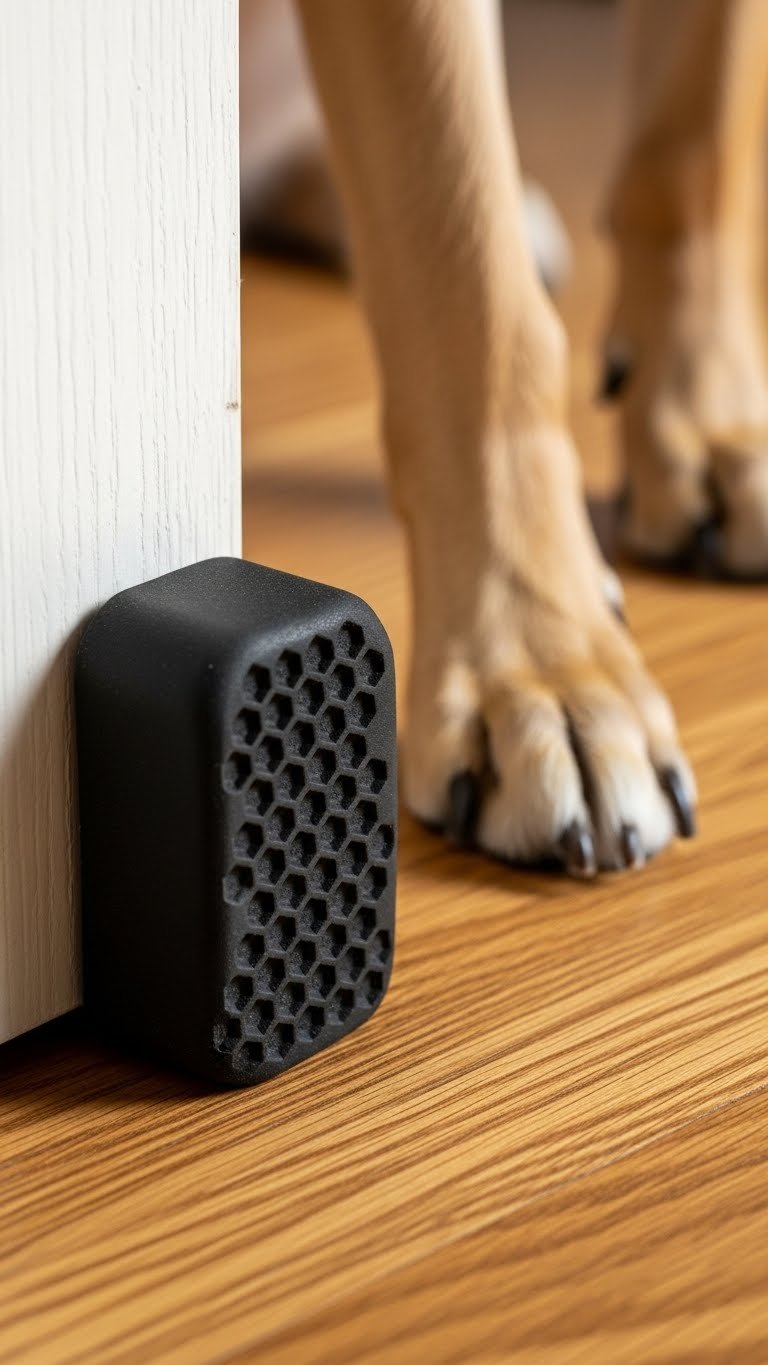 Natural rubber door stop in modern living room—quiet, non-marking, and paw-friendly