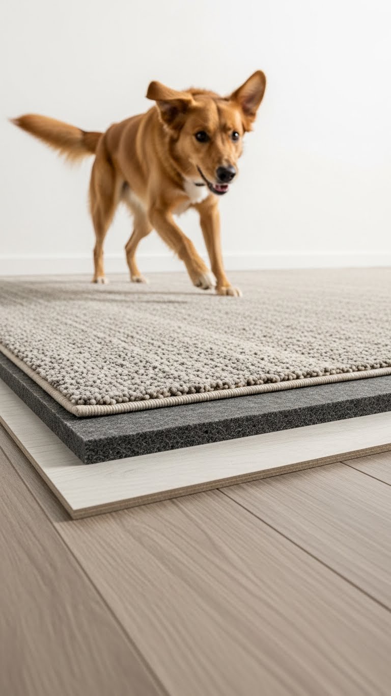 Non-slip rug pad under modern living room rug—pet-safe stability.