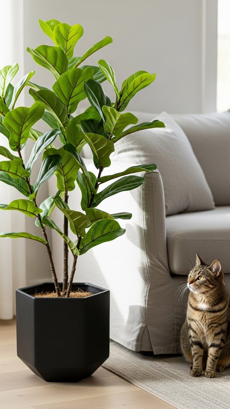 Non-toxic faux fiddle leaf fig in modern living room—safe for cats, stunning for you