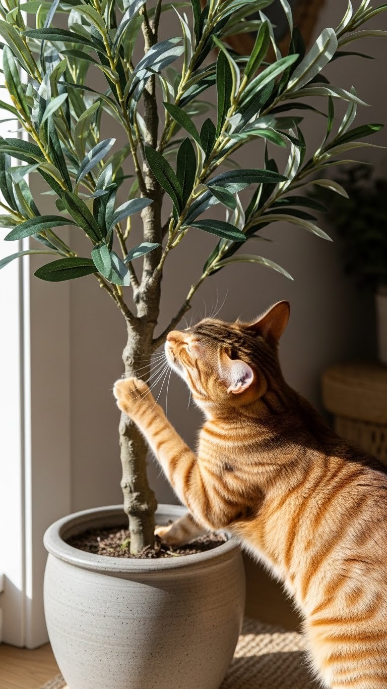 Non-toxic faux olive tree in modern living room—pet-safe greenery
