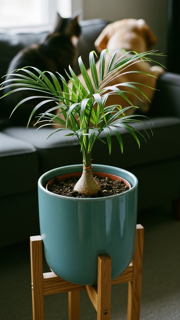 Non-toxic ponytail palm in modern living room—safe for dogs and cats