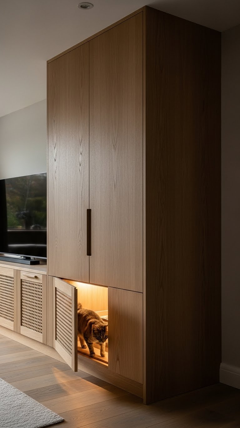 Odor-controlled hidden litter cabinet in modern living room—seamless and effective