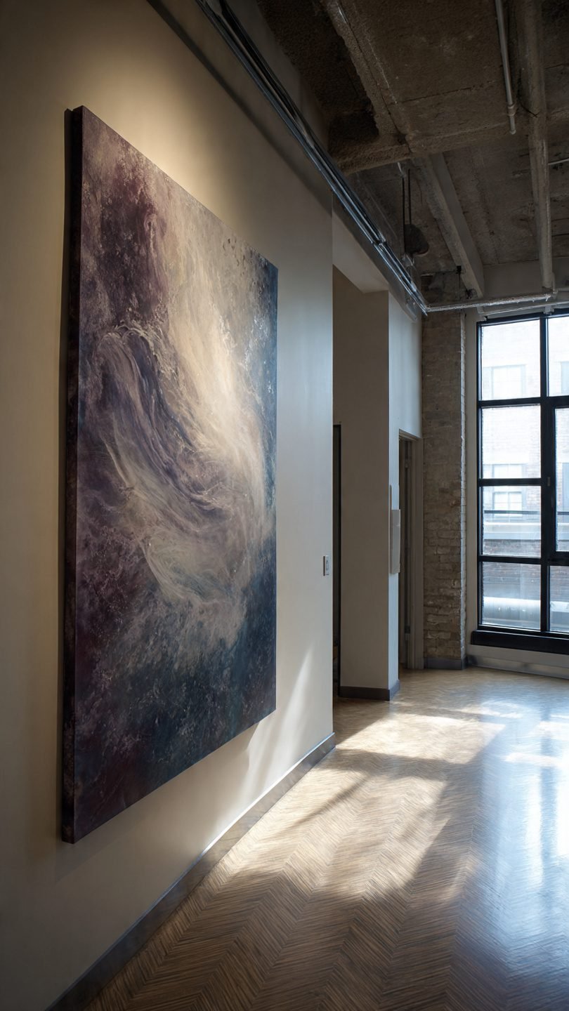 Oversized artistic canvas leaning against living room wall