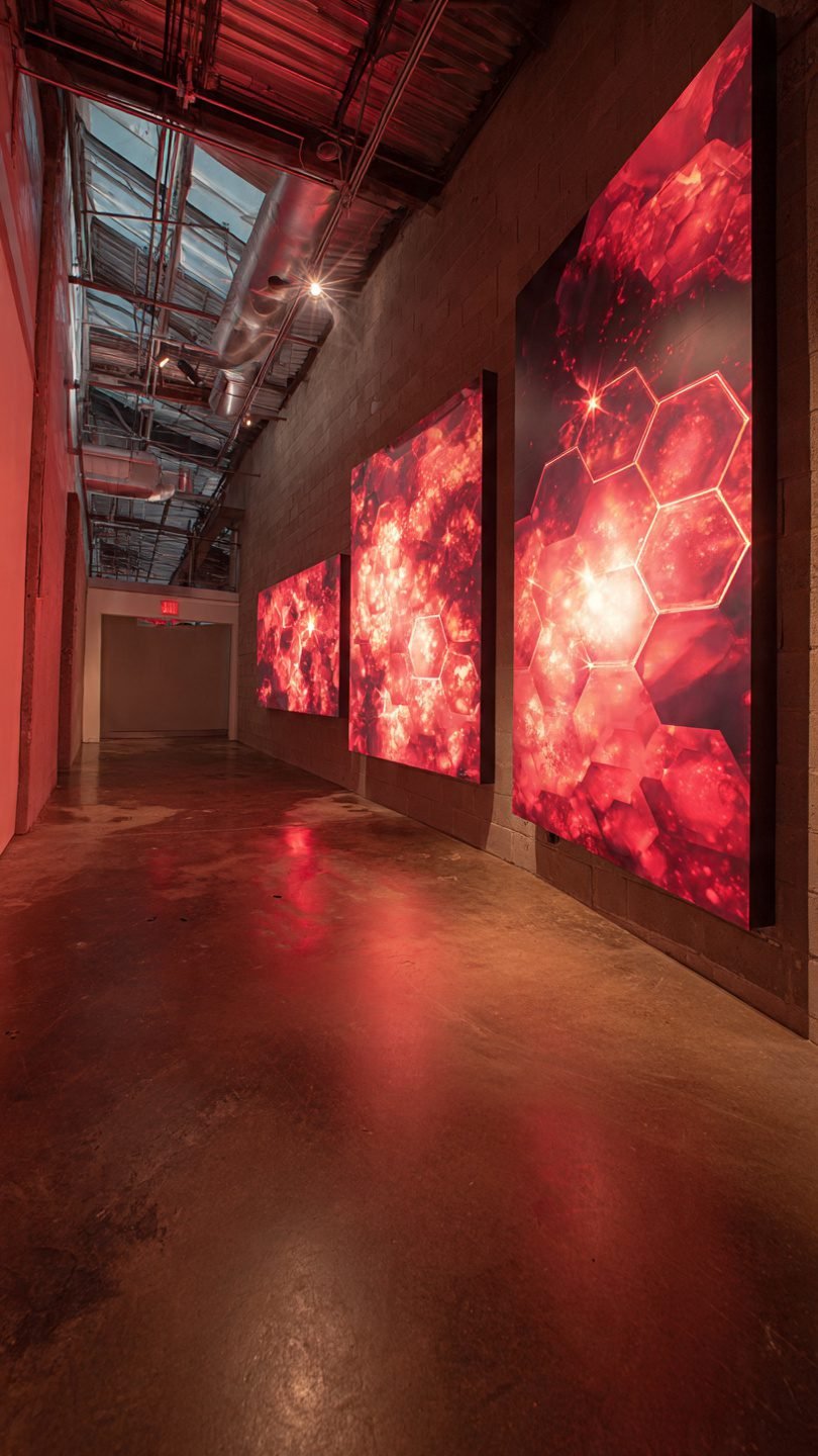 Panoramic triptych art installation in modern living room