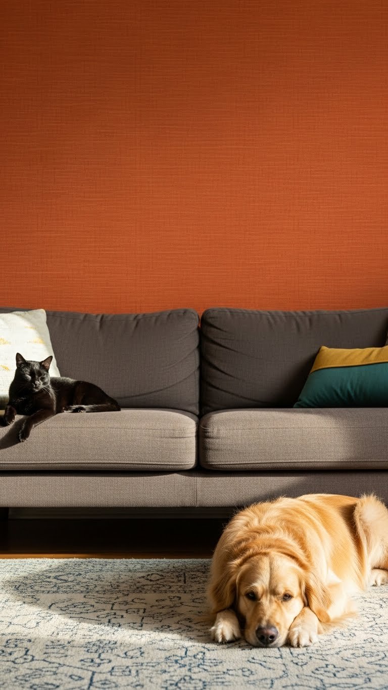 Peel-and-stick accent wall in rental modern living room—temporary and pet-safe