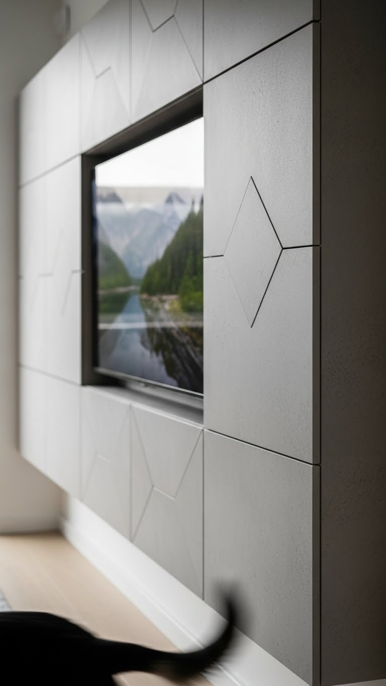 Peel-and-stick backsplash in rental living room—temporary texture and protection