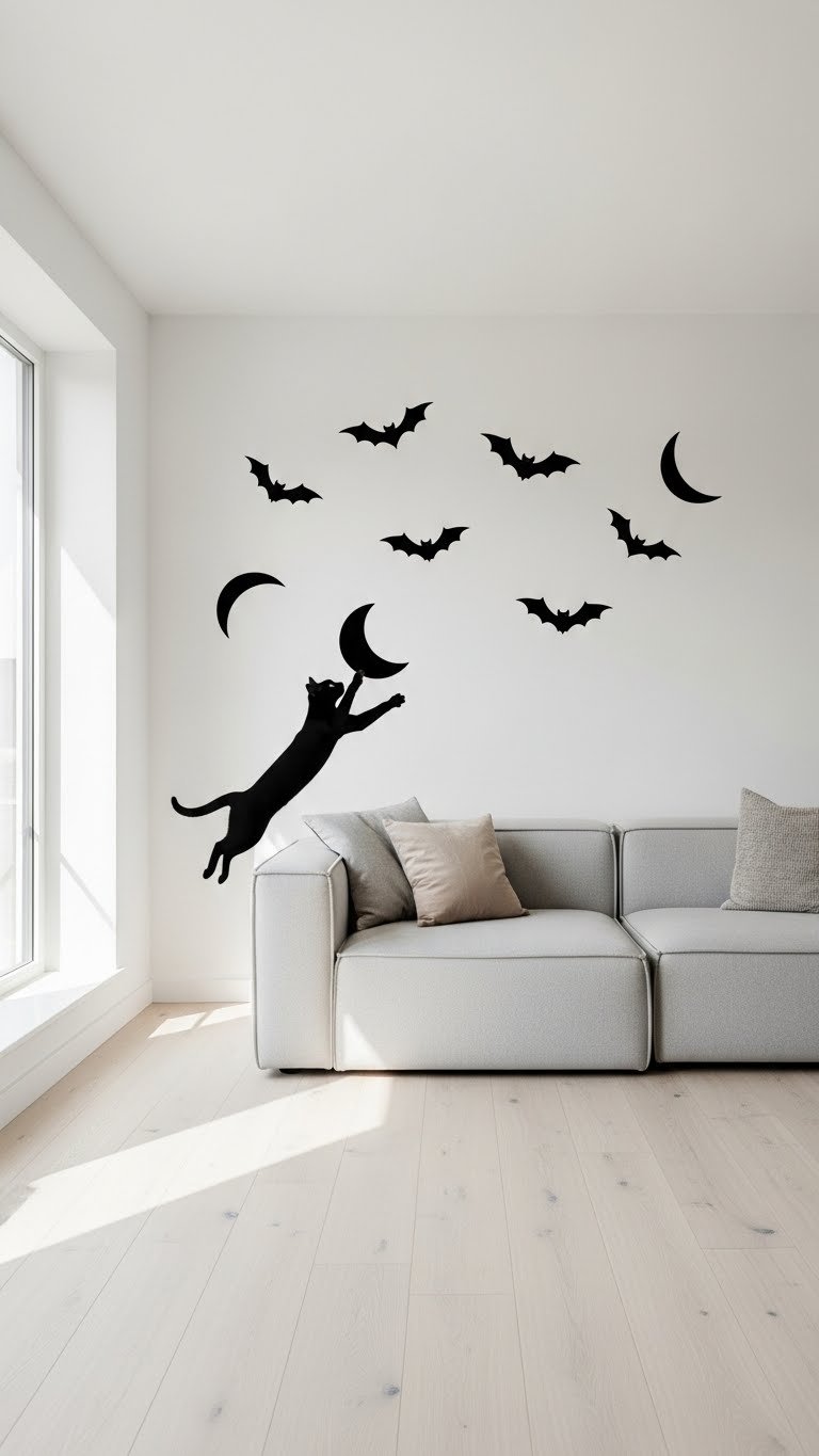 Phthalate-free, removable Halloween wall decals above modern sofa—damage-free, pet-safe, and perfect for apartments.
