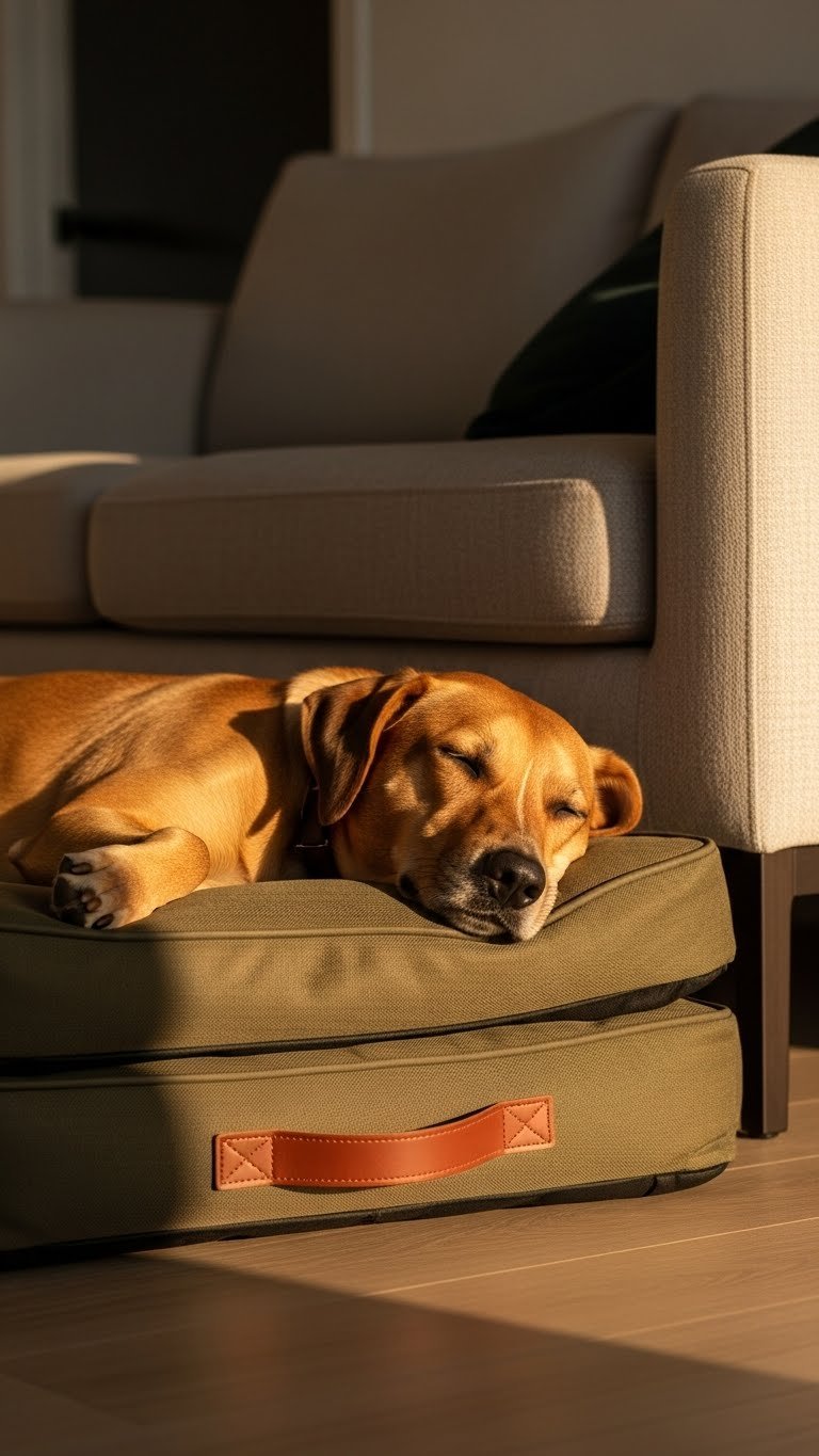Portable washable pet bed in small modern living room—renter-friendly and functional