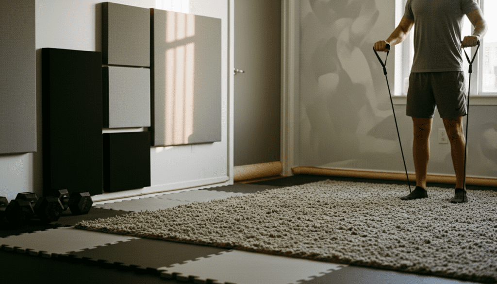 Quiet, apartment-friendly home gym with acoustic panels, rugs, and non-impact equipment for noise control