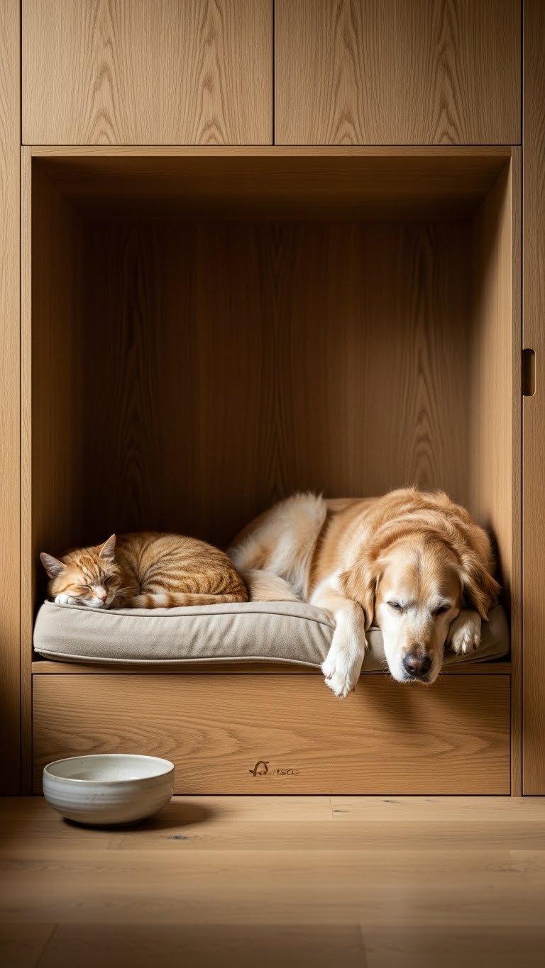 Quiet pet nook in modern living room alcove—calm retreat in shared space