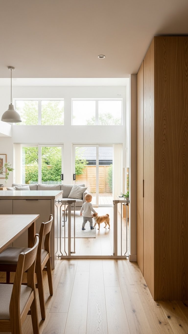Recessed retractable pet gate in modern living room wall—flexible zoning, invisible when not in use