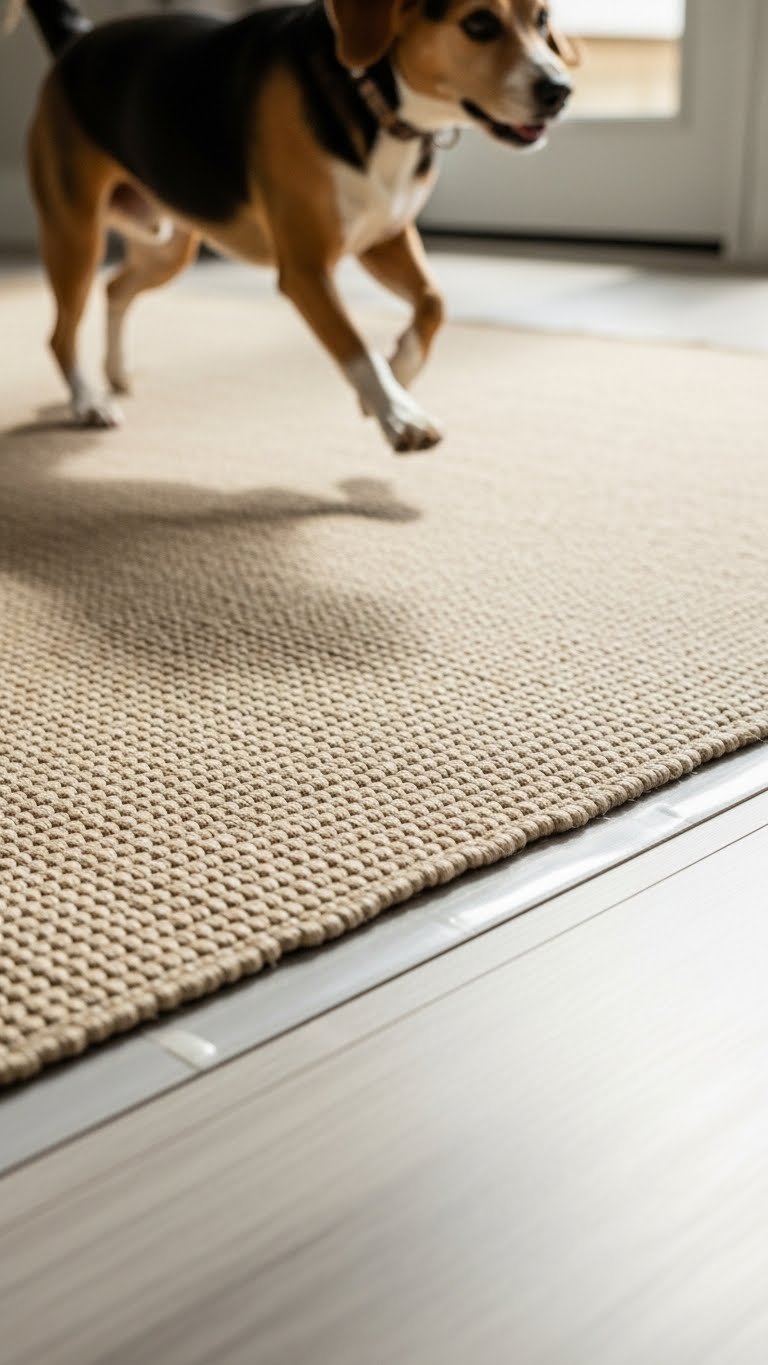 Removable rug grip tape in rental living room—pet-safe and landlord-approved