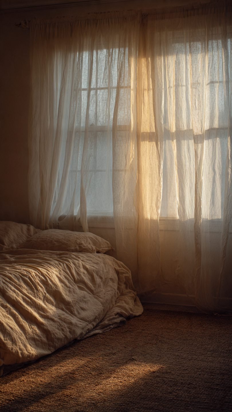 Rental-friendly floor-to-ceiling sheer curtains used as a soft headboard in a windowless small bedroom for light diffusion and acoustic comfort.