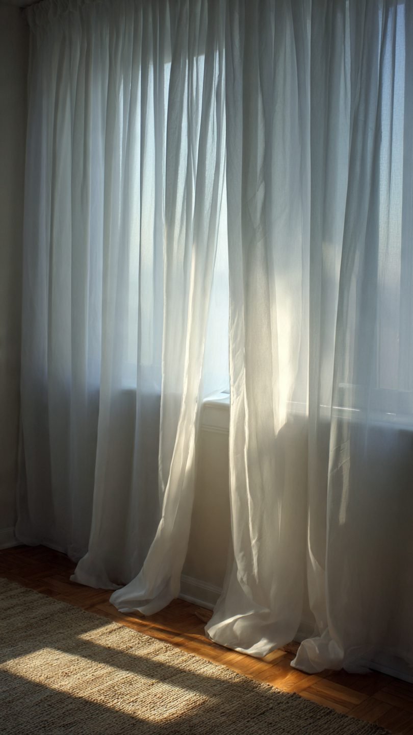 Rental-friendly floor-to-ceiling sheer curtains used as a soft headboard in a windowless small bedroom for light diffusion and acoustic comfort.