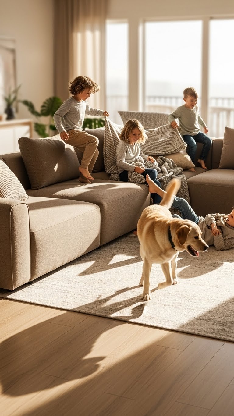 Rounded-edge modular seating in modern living room—safe and flexible for families