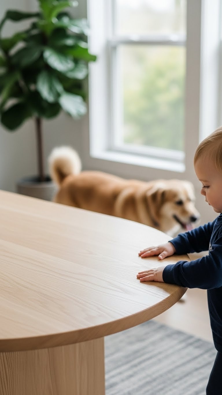 Rounded-edge oval coffee table in modern living room—universal safety design