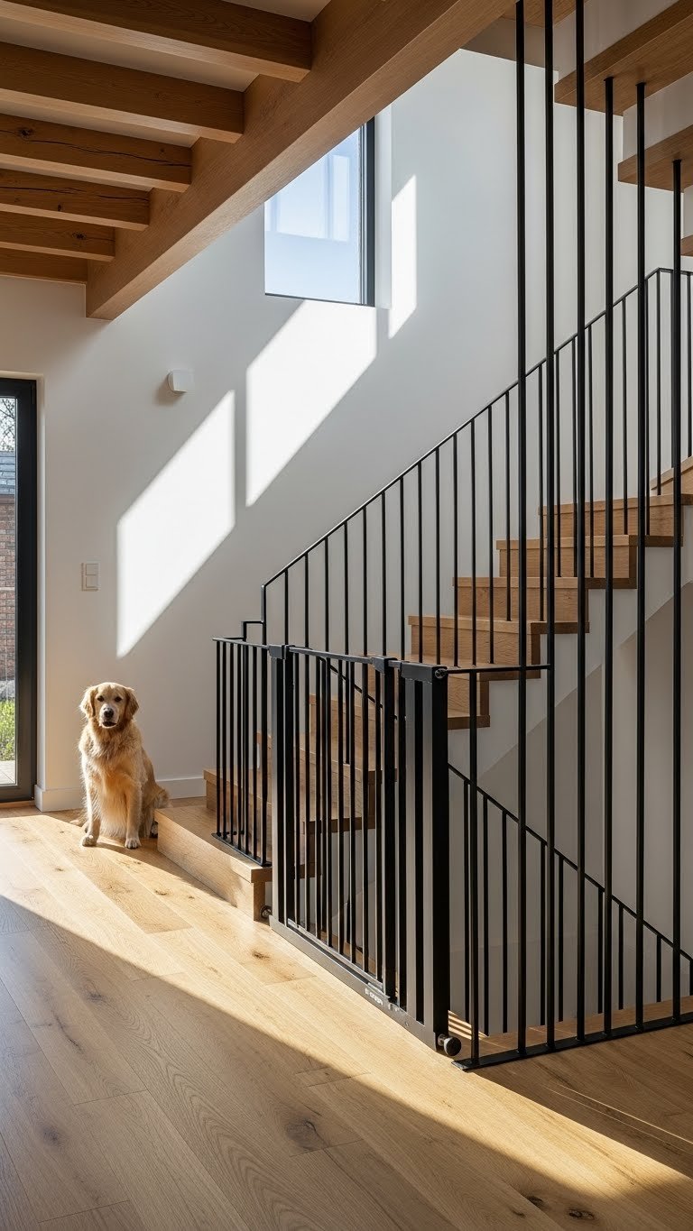 Seamless modern pet gate integrated into staircase—stylish and functional