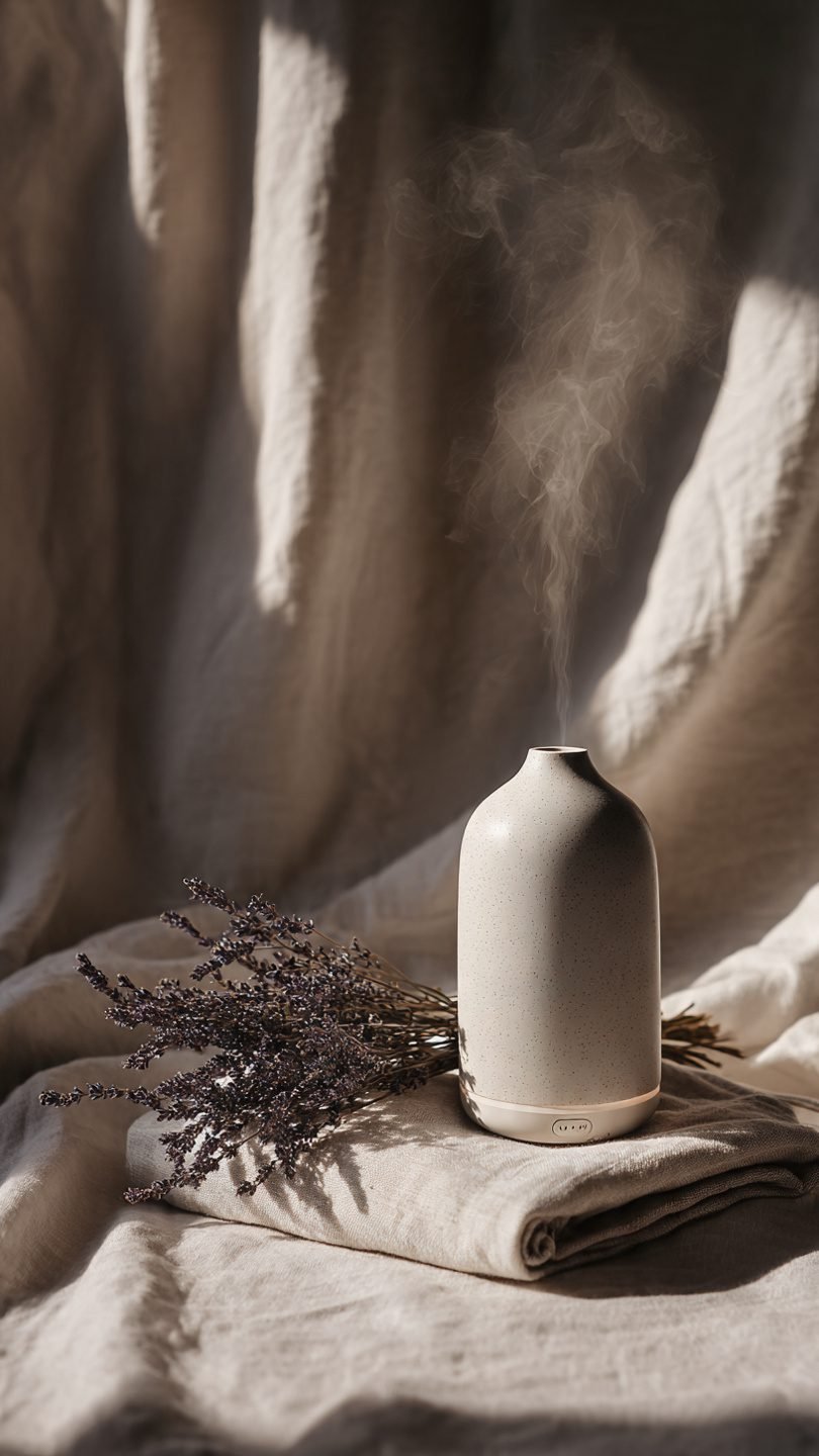 Sensory cozy kit for small bedrooms: essential oil diffuser, white noise machine, and heated throw to engage scent, sound, and touch.