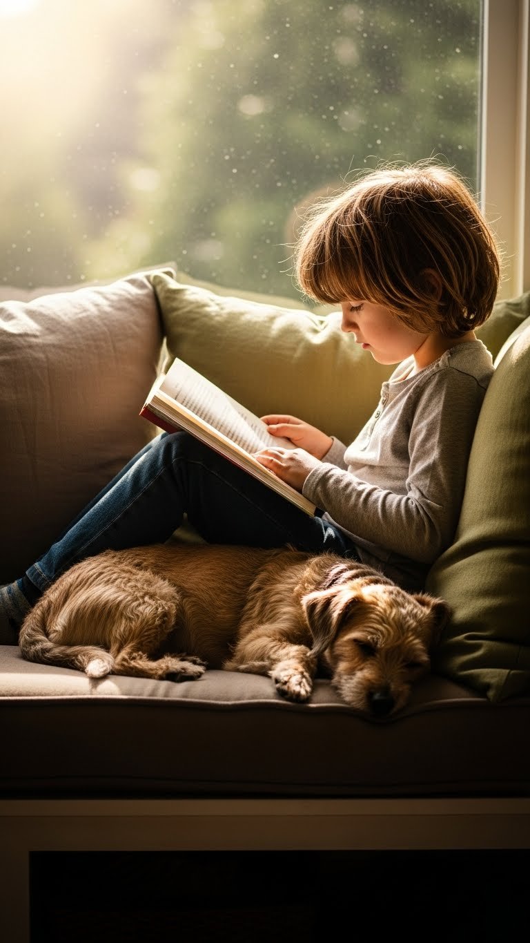 Shared reading nook with pet cushion in modern living room—bonding space for all