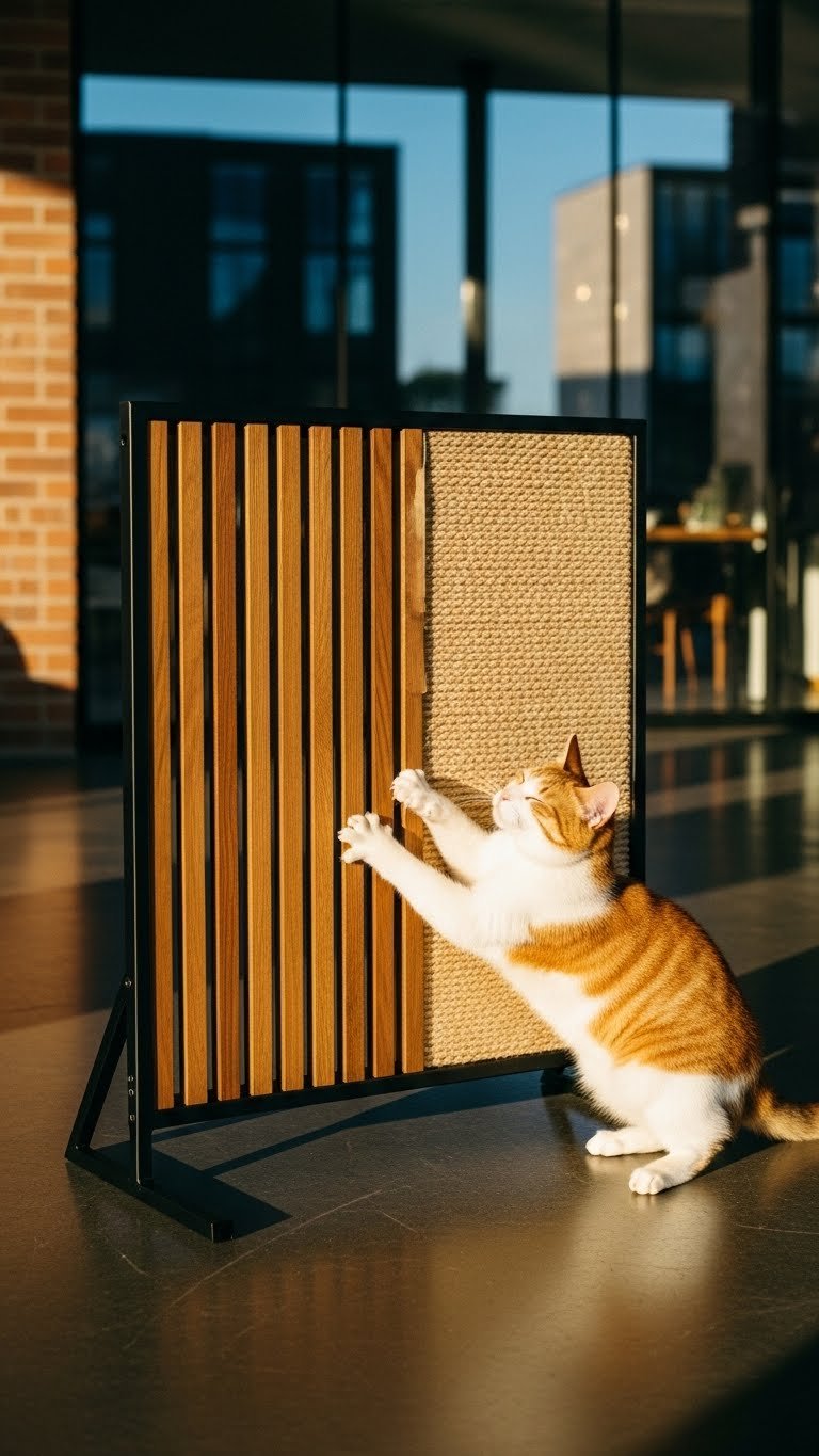 Sisal-covered room divider in modern living room—functional and pet-friendly