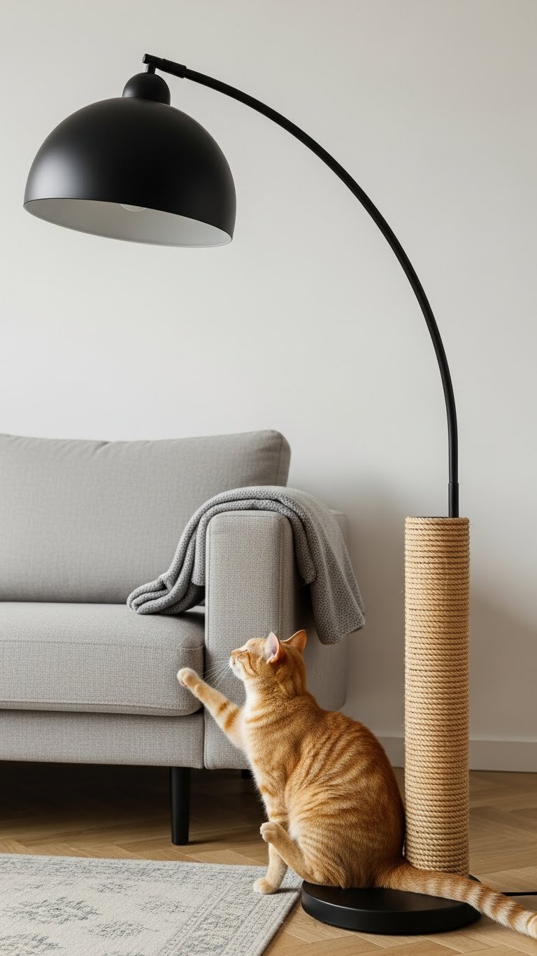 Sisal-wrapped floor lamp base in modern living room—functional and stylish cat scratcher