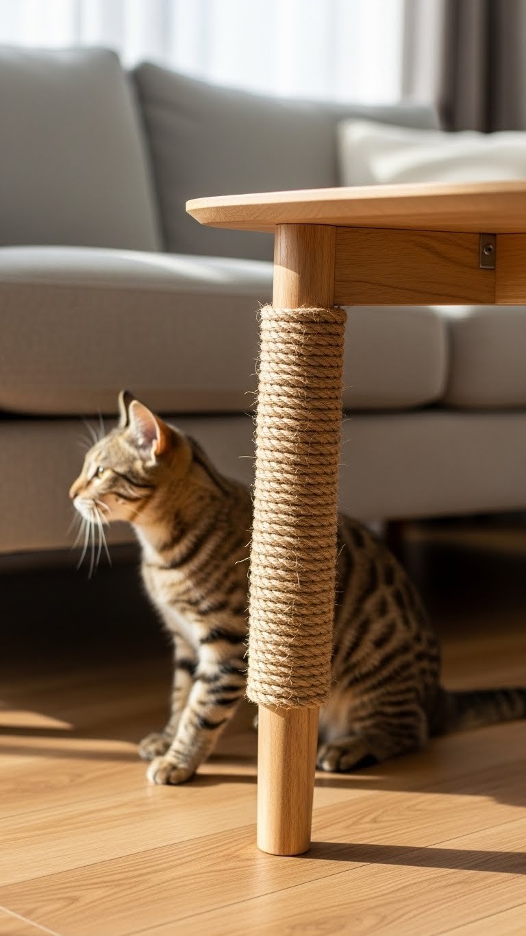 Sisal-wrapped side table leg in modern living room—built-in cat scratching post