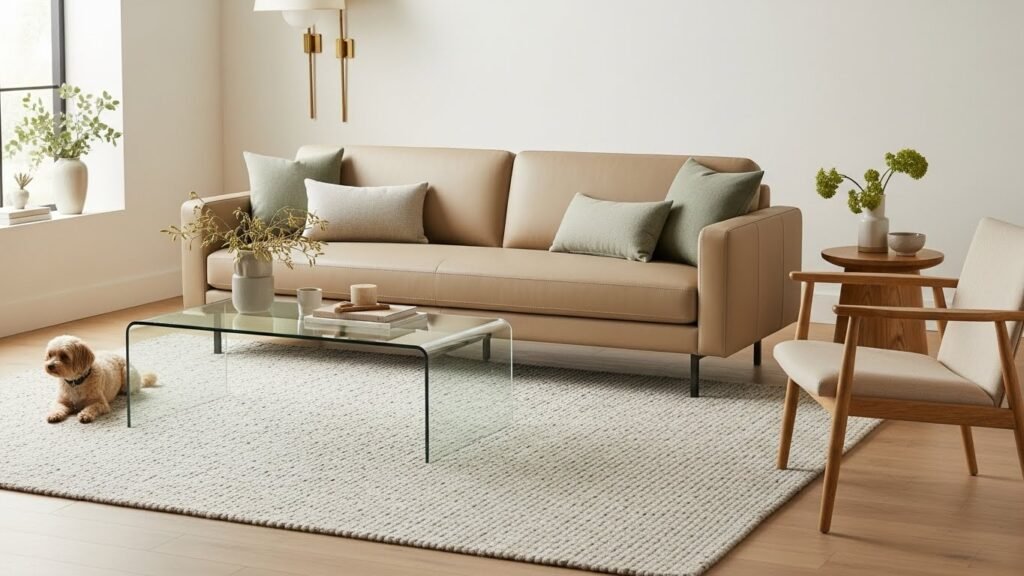 sleek pet-proof sofas in a modern living room with performance fabric, elevated legs, and minimalist decor—designed for style and durability with pets.