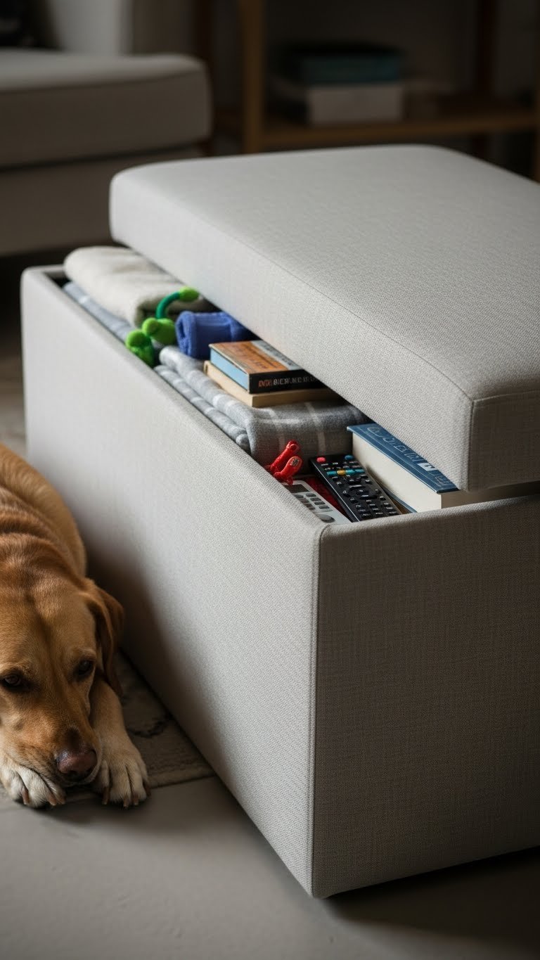 Storage ottoman in modern living room—holds pet supplies and seating