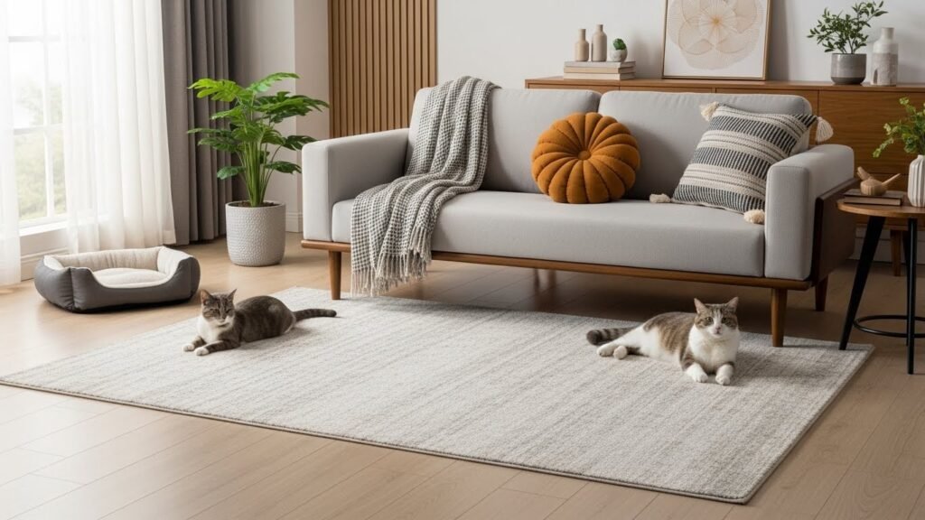 Stylish pet-friendly rug in a contemporary living room with modern furniture, warm wood tones, and subtle pet elements—durable, low-pile, and design-forward.