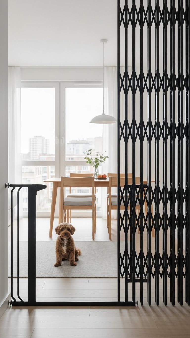 Tension-mounted pet gate in small modern living room—renter-friendly and stylish