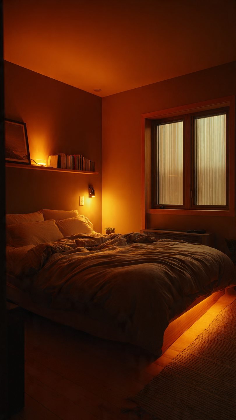 Three-layer plug-in lighting setup in a small cozy bedroom