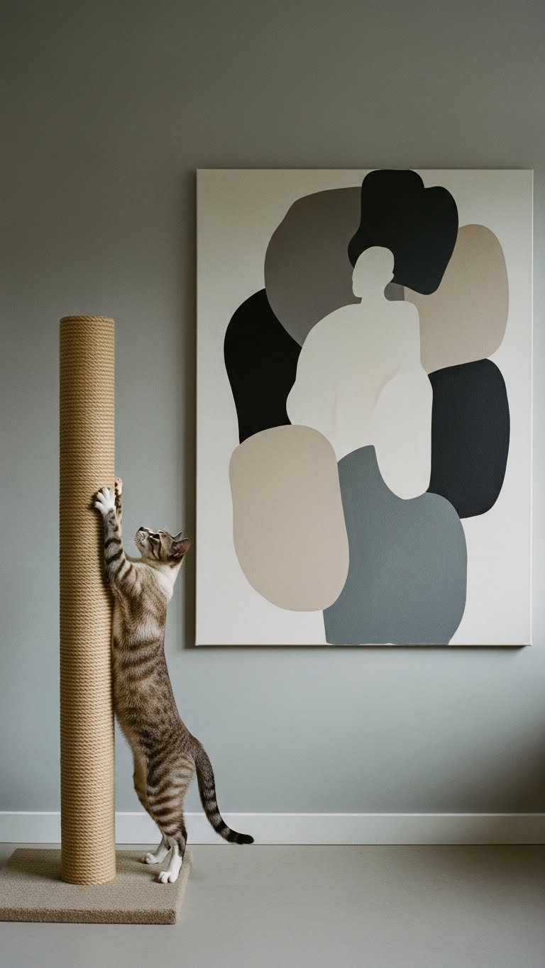 Vertical cat scratcher styled as modern art in living room—functional and aesthetic
