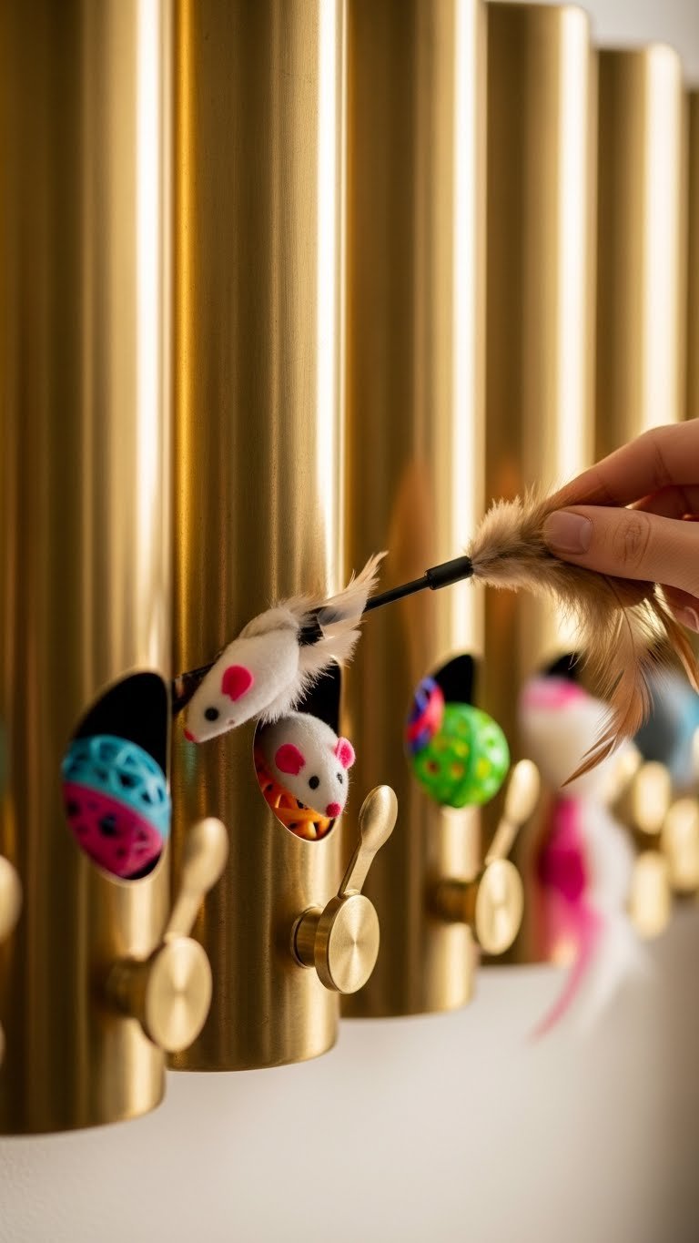 Wall-mounted cat toy dispenser in modern living room—organized playtime
