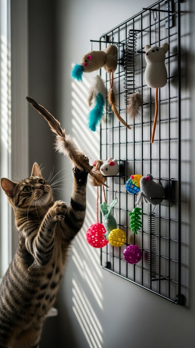 Wall-mounted cat toy display in modern living room—organized play zone