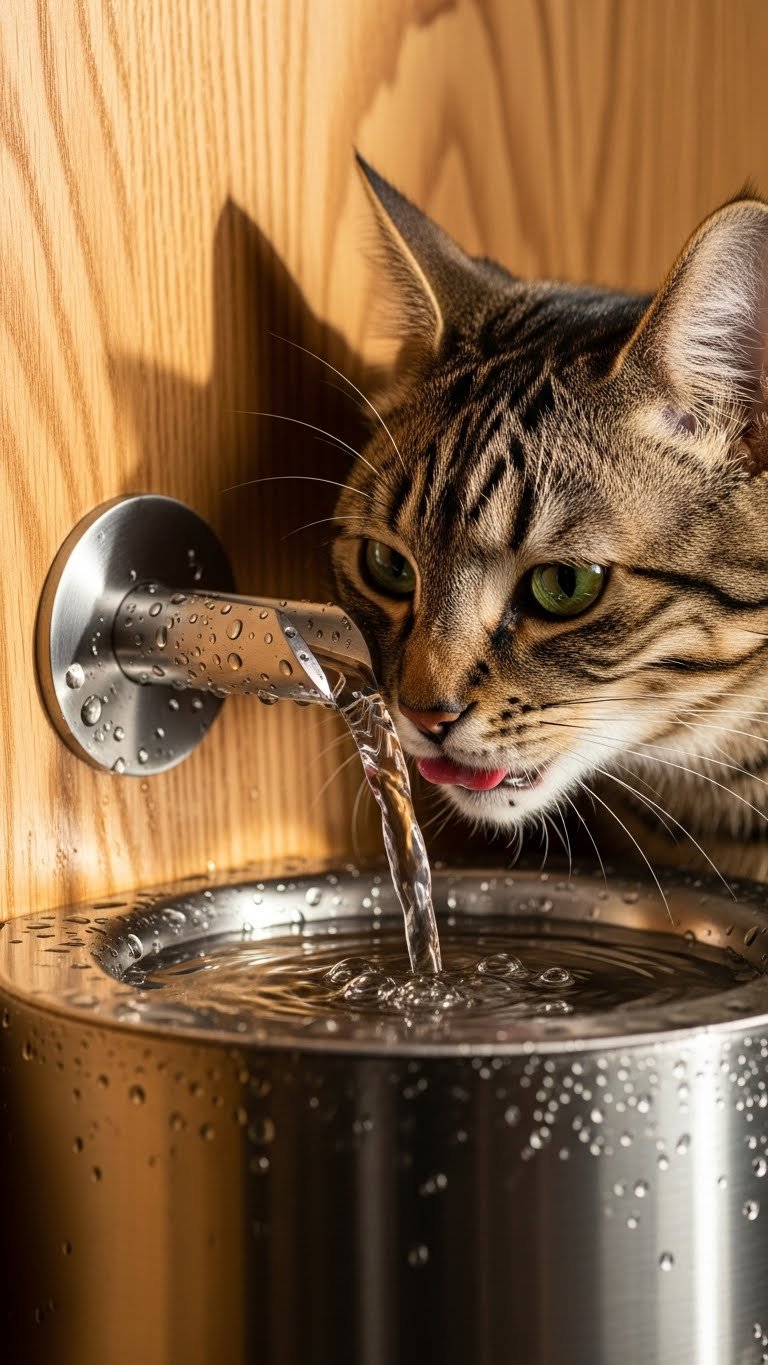 Wall-mounted cat water fountain in modern living room—hygienic and space-saving