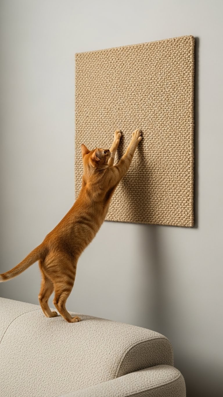 Wall-mounted sisal scratcher panel in modern living room—textural and functional