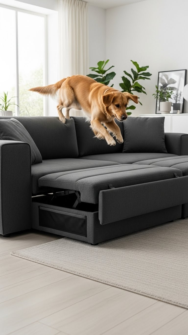 Washable-cover modular sofa in modern living room with dog—perfect pet-friendly decor