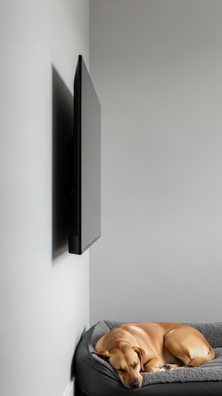 Wire-free OLED TV mount in modern living room—safe from chewing