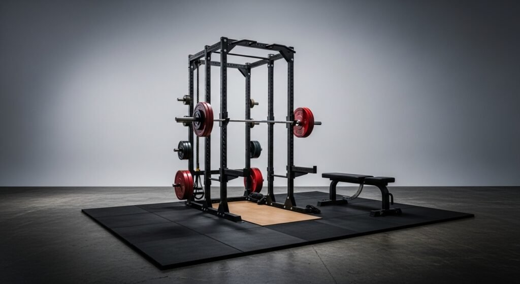 $1,500 home gym setup with power rack, barbell, bumper plates, and rubber flooring for strength training