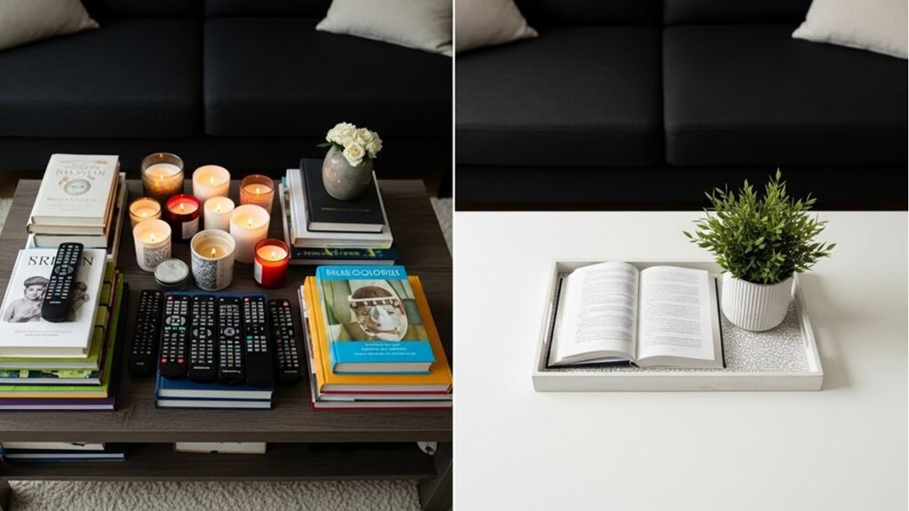Before and after: keeping 30% of surfaces clear around black sofa reduces visual clutter and prevents overwhelm