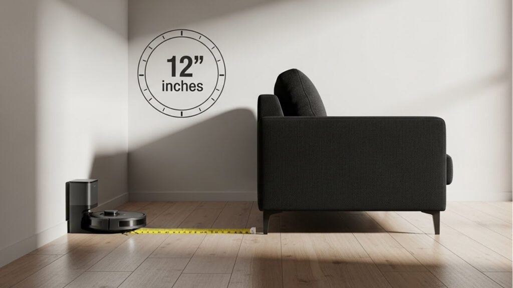 Black sofa floated 12 inches from wall to create visual depth and improve room flow in small living room