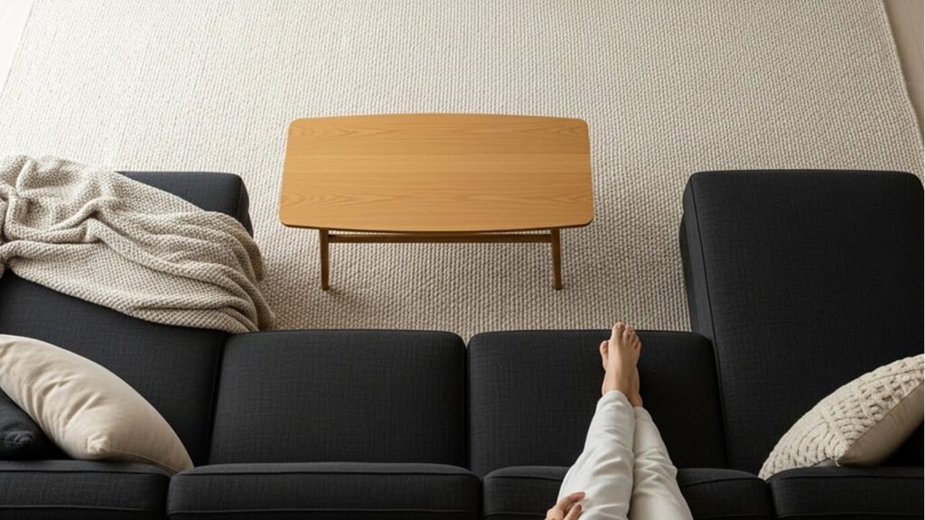 Black sofa on light low-pile 8x10 rug that follows rug anchor rule to avoid visual heaviness